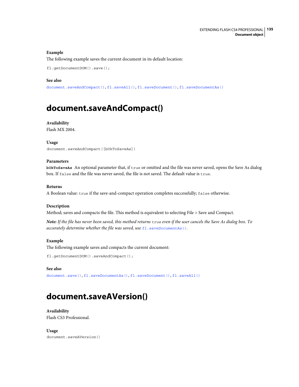 Document.saveandcompact(), Document.saveaversion() | Adobe Extending Flash Professional CS4 User Manual | Page 157 / 560