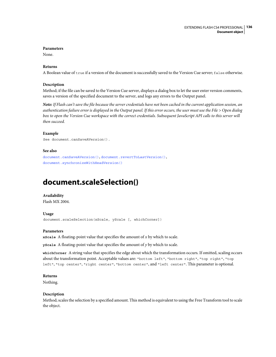 Document.scaleselection() | Adobe Extending Flash Professional CS4 User Manual | Page 158 / 560