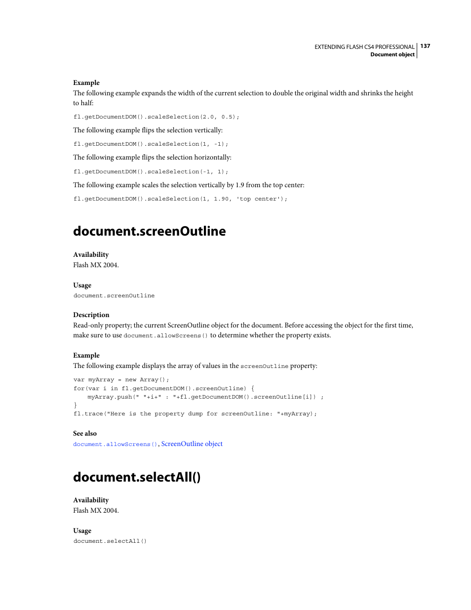 Document.screenoutline, Document.selectall() | Adobe Extending Flash Professional CS4 User Manual | Page 159 / 560