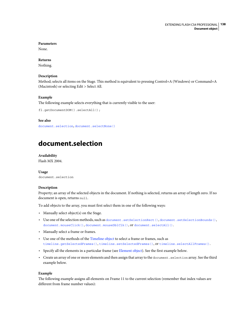 Document.selection, Property contains (see | Adobe Extending Flash Professional CS4 User Manual | Page 160 / 560