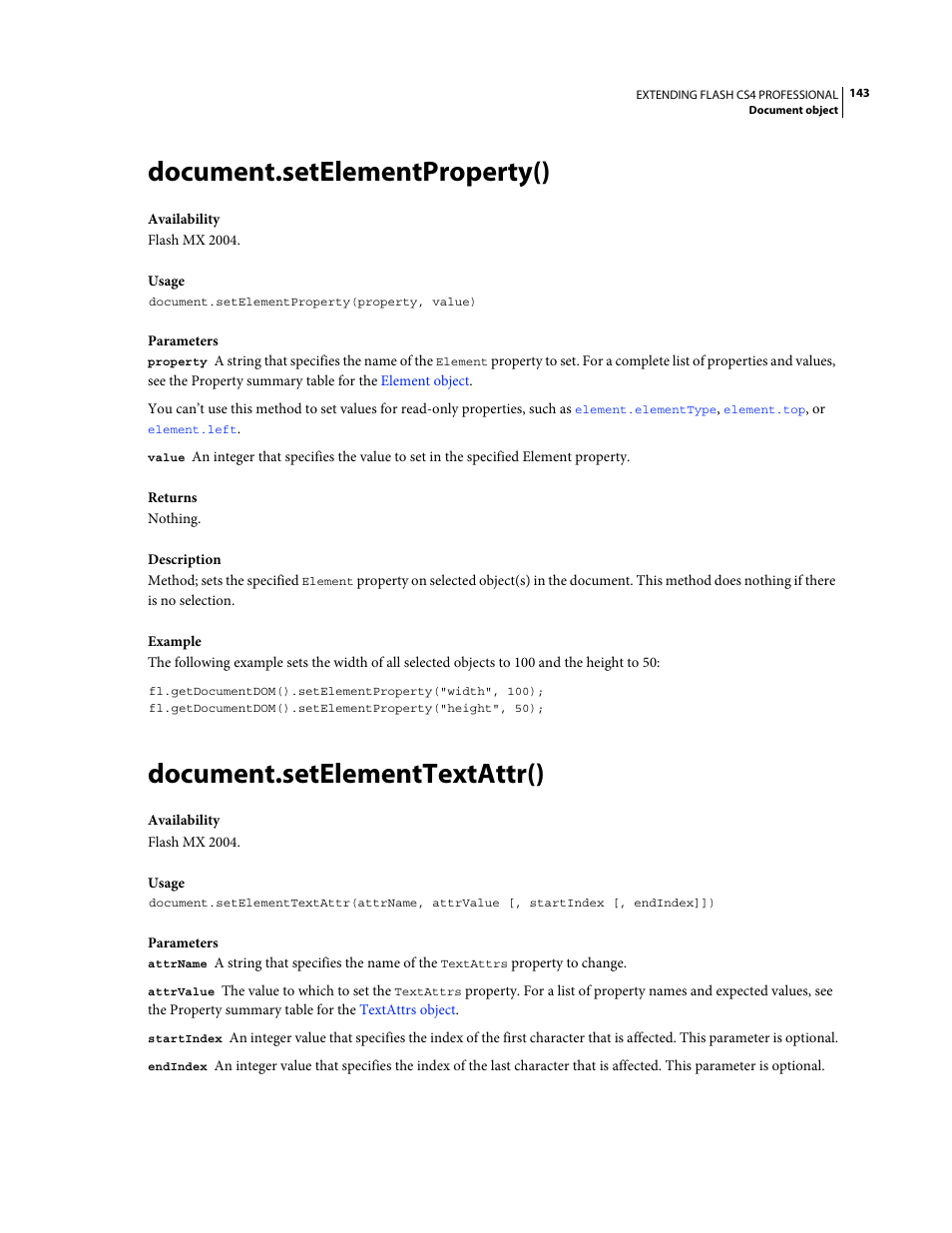 Document.setelementproperty(), Document.setelementtextattr() | Adobe Extending Flash Professional CS4 User Manual | Page 165 / 560