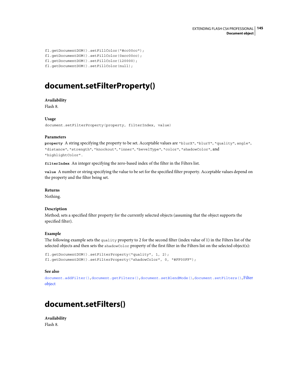 Document.setfilterproperty(), Document.setfilters() | Adobe Extending Flash Professional CS4 User Manual | Page 167 / 560