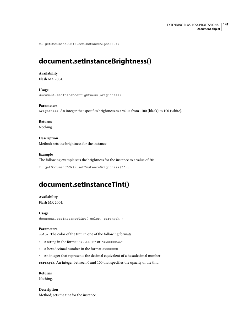 Document.setinstancebrightness(), Document.setinstancetint() | Adobe Extending Flash Professional CS4 User Manual | Page 169 / 560