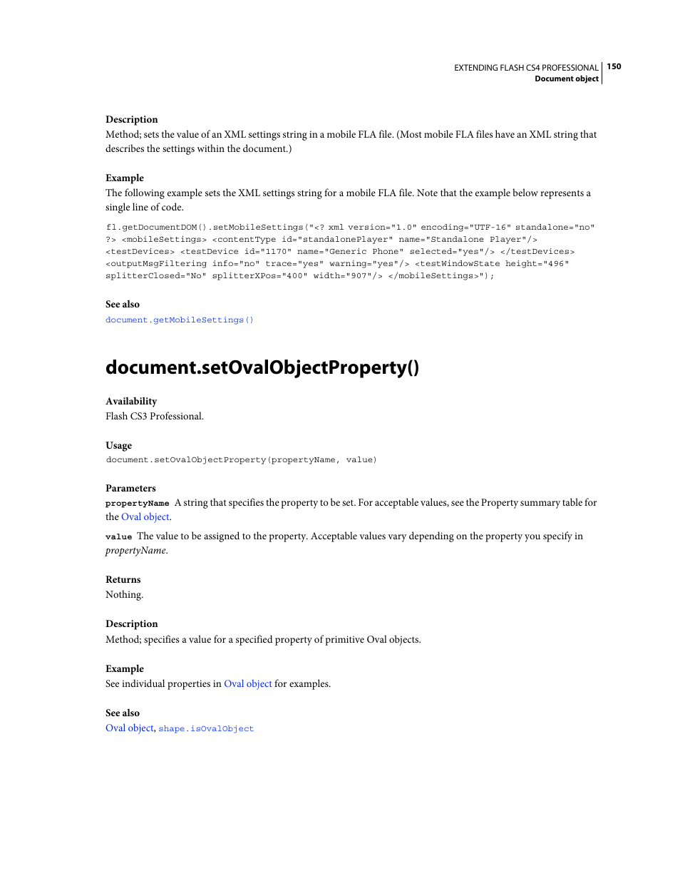 Document.setovalobjectproperty() | Adobe Extending Flash Professional CS4 User Manual | Page 172 / 560