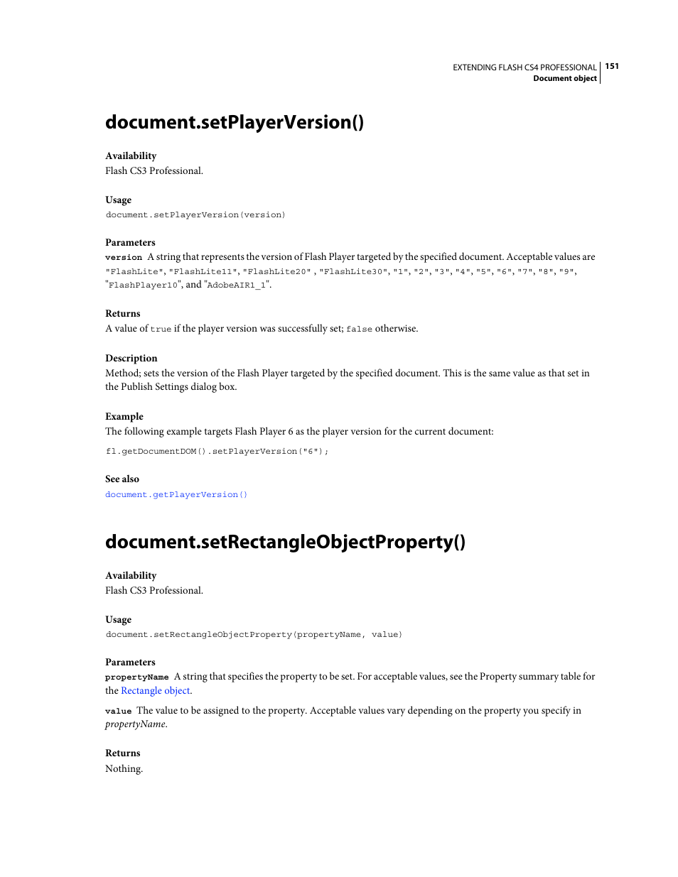 Document.setplayerversion(), Document.setrectangleobjectproperty() | Adobe Extending Flash Professional CS4 User Manual | Page 173 / 560