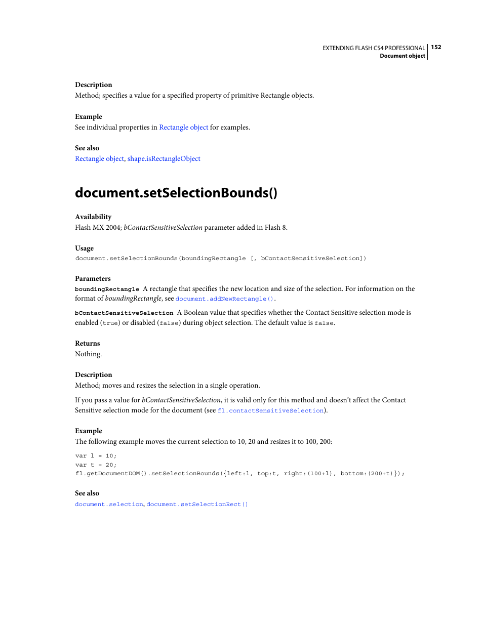 Document.setselectionbounds() | Adobe Extending Flash Professional CS4 User Manual | Page 174 / 560