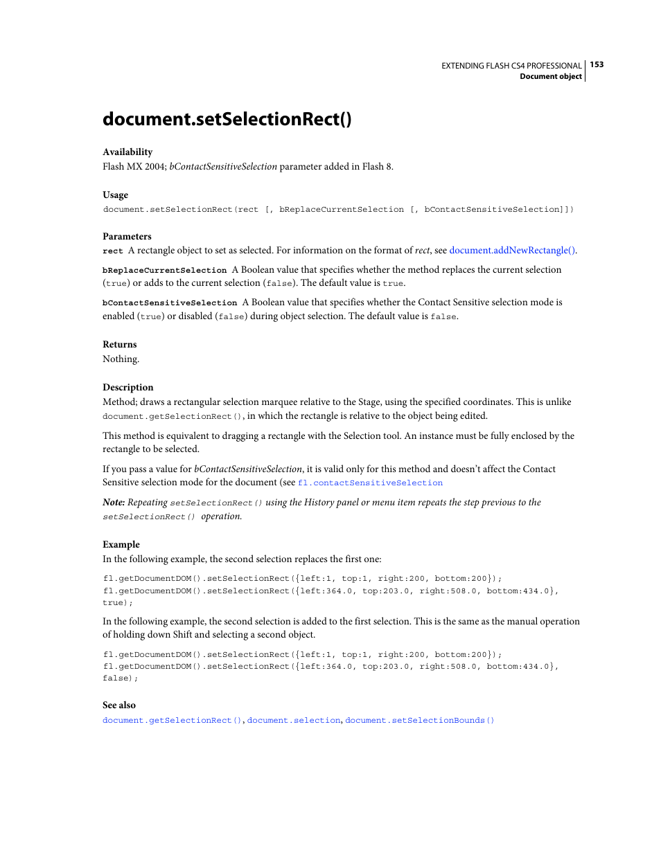 Document.setselectionrect(), For information on making a selection, see | Adobe Extending Flash Professional CS4 User Manual | Page 175 / 560