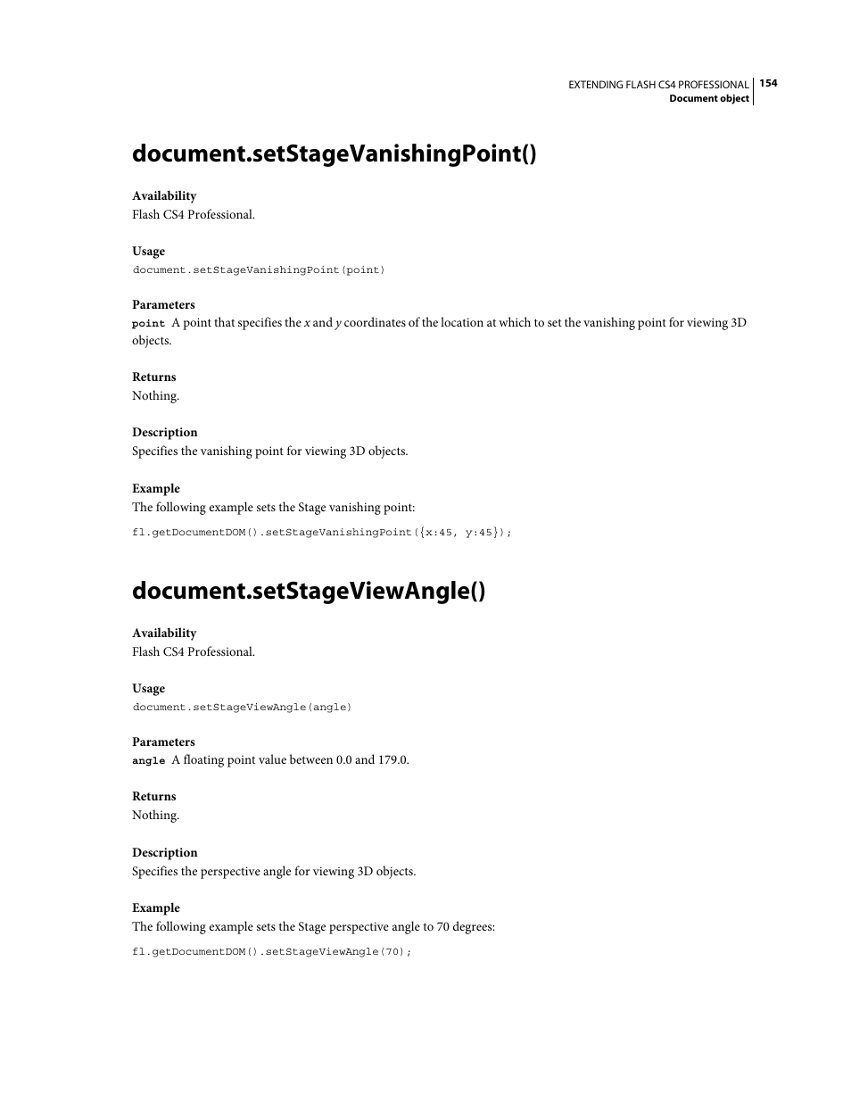 Document.setstagevanishingpoint(), Document.setstageviewangle() | Adobe Extending Flash Professional CS4 User Manual | Page 176 / 560