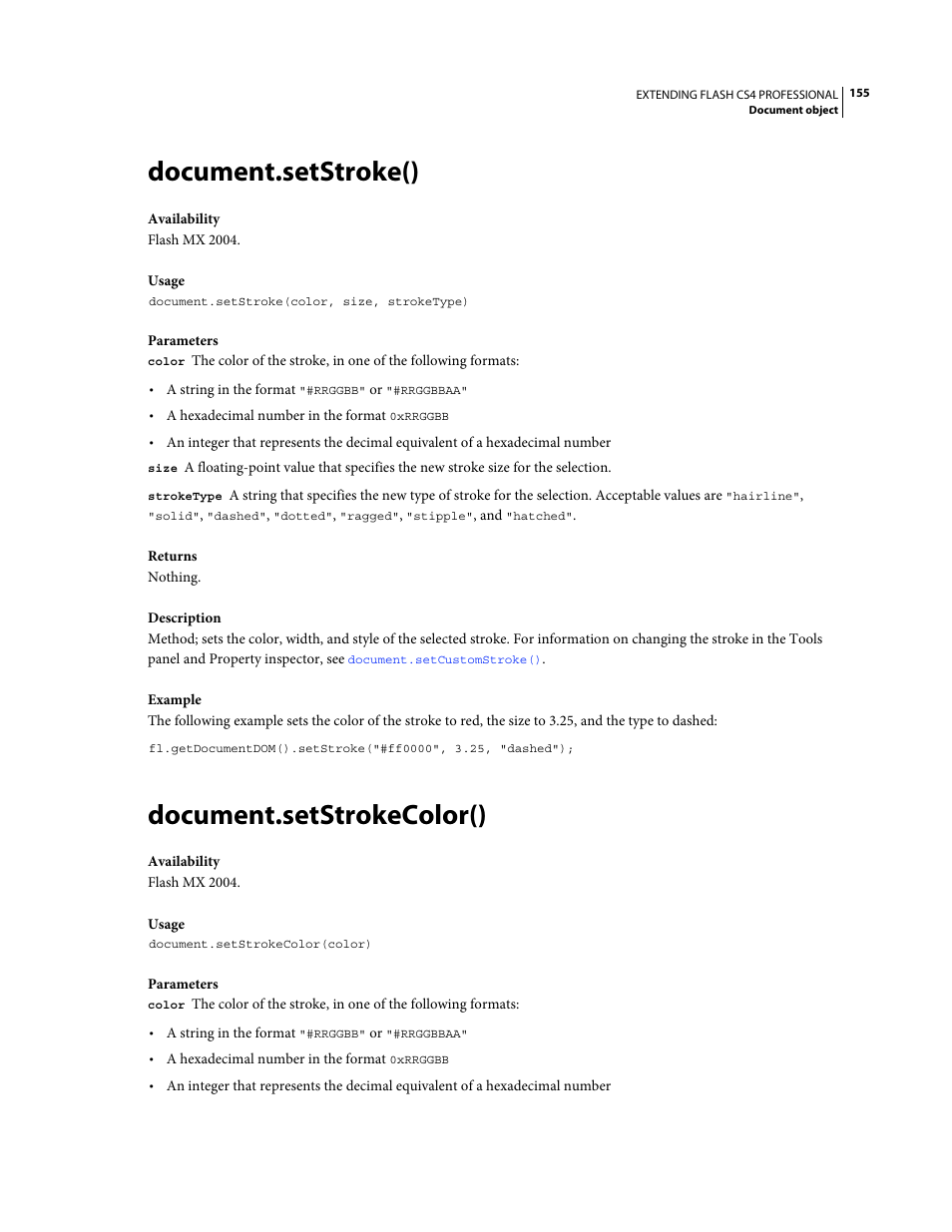 Document.setstroke(), Document.setstrokecolor() | Adobe Extending Flash Professional CS4 User Manual | Page 177 / 560