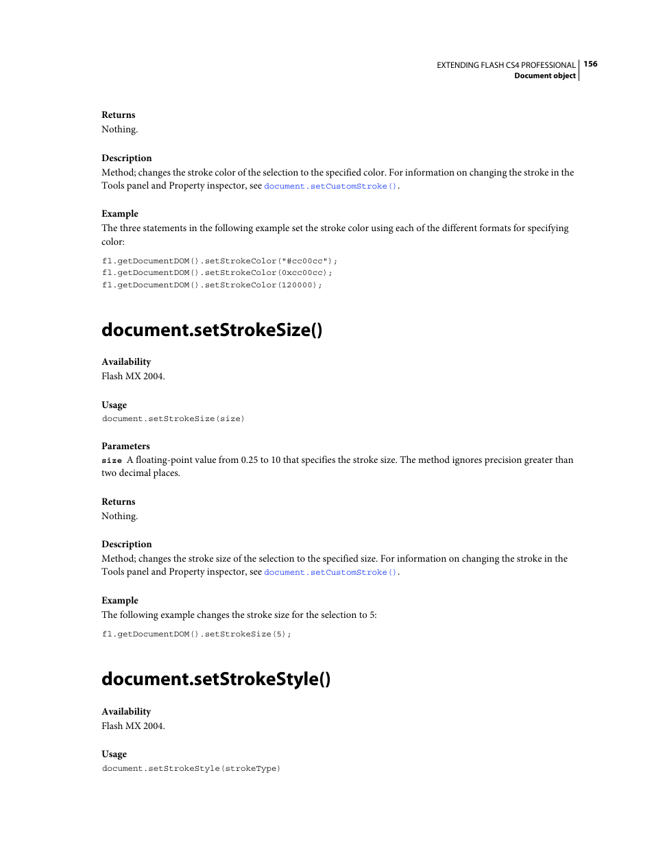 Document.setstrokesize(), Document.setstrokestyle() | Adobe Extending Flash Professional CS4 User Manual | Page 178 / 560