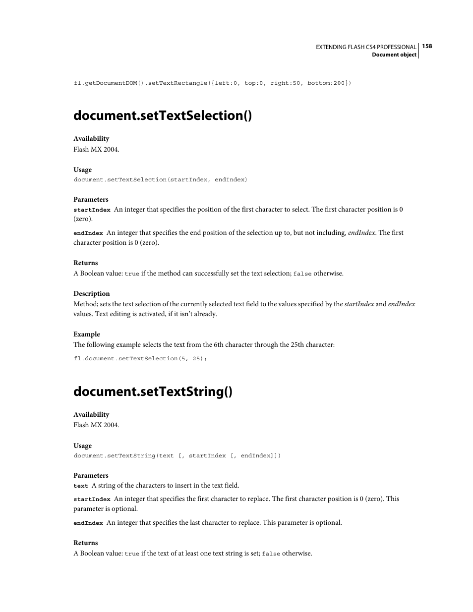 Document.settextselection(), Document.settextstring() | Adobe Extending Flash Professional CS4 User Manual | Page 180 / 560