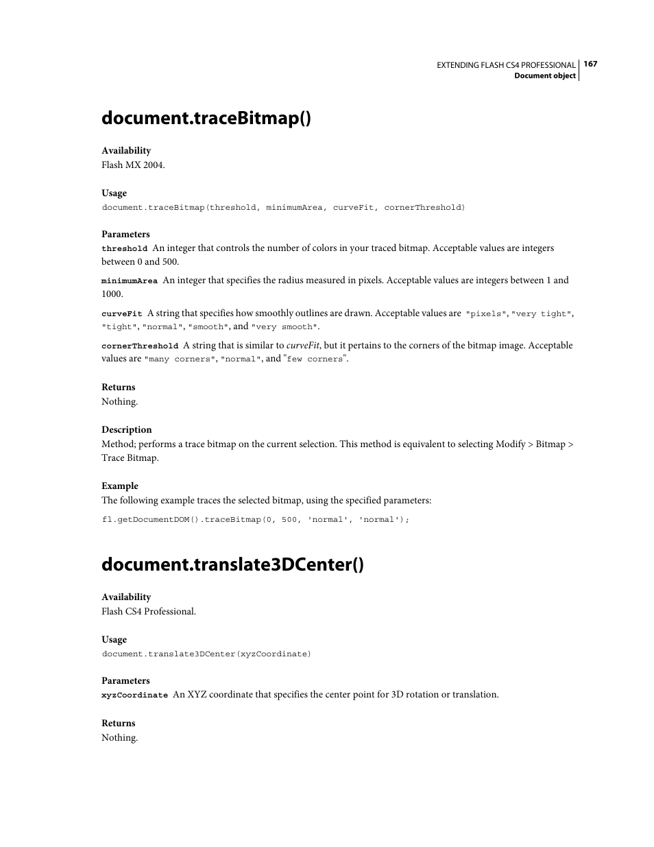 Document.tracebitmap(), Document.translate3dcenter() | Adobe Extending Flash Professional CS4 User Manual | Page 189 / 560