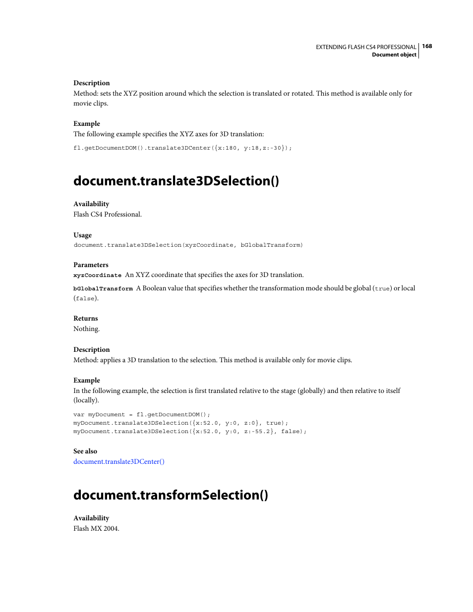 Document.translate3dselection(), Document.transformselection() | Adobe Extending Flash Professional CS4 User Manual | Page 190 / 560