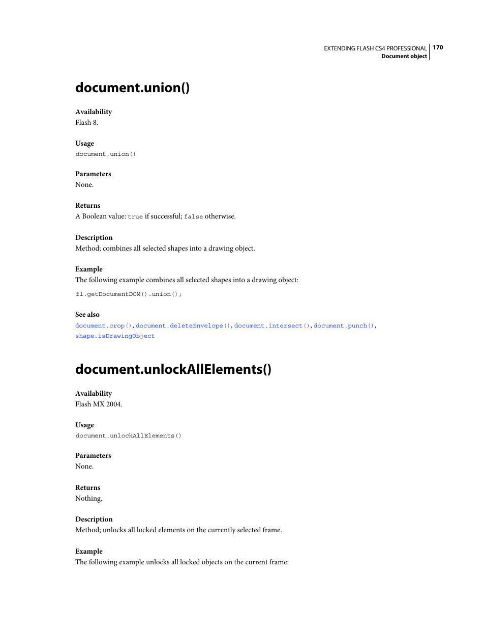 Document.union(), Document.unlockallelements() | Adobe Extending Flash Professional CS4 User Manual | Page 192 / 560