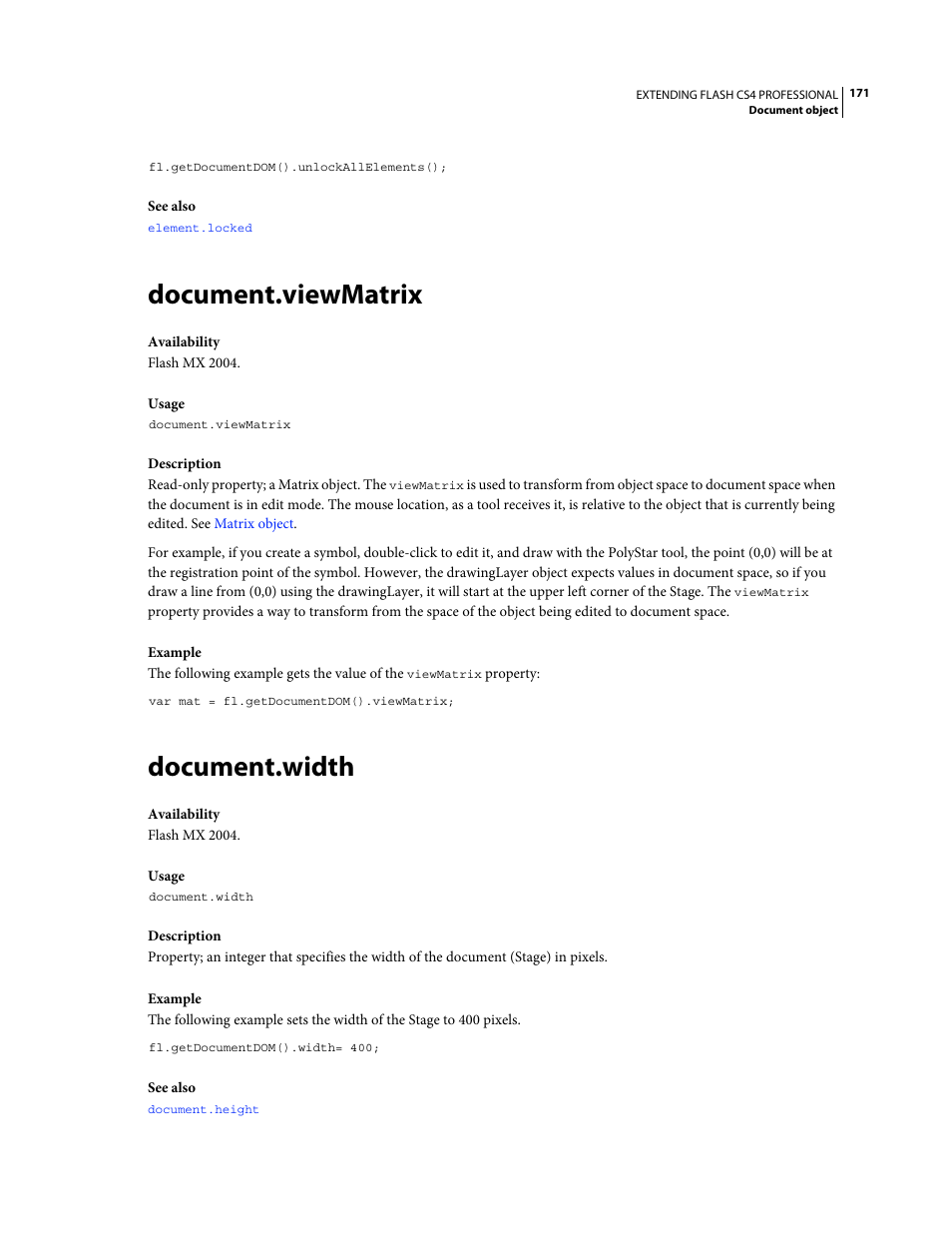 Document.viewmatrix, Document.width | Adobe Extending Flash Professional CS4 User Manual | Page 193 / 560