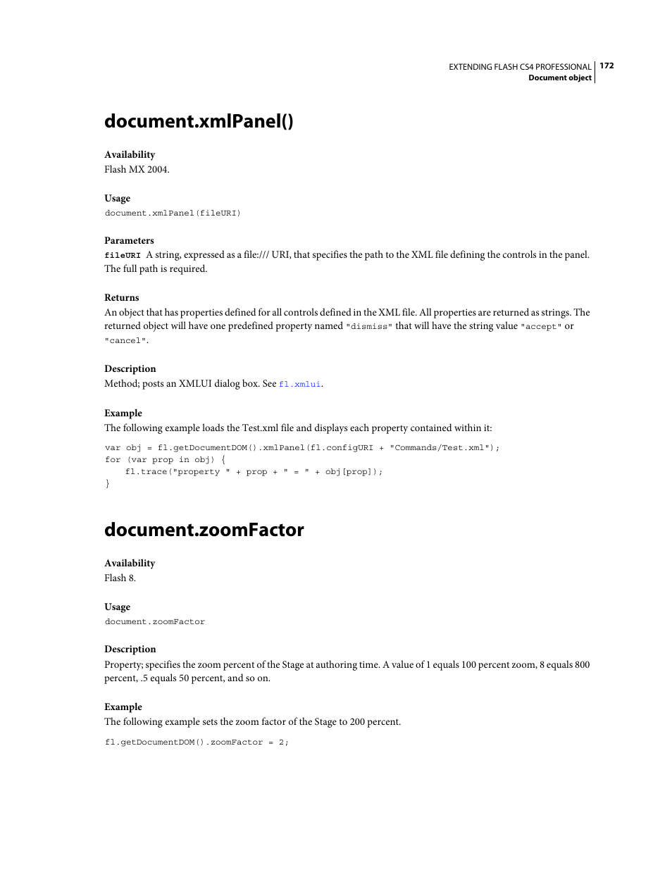 Document.xmlpanel(), Document.zoomfactor | Adobe Extending Flash Professional CS4 User Manual | Page 194 / 560