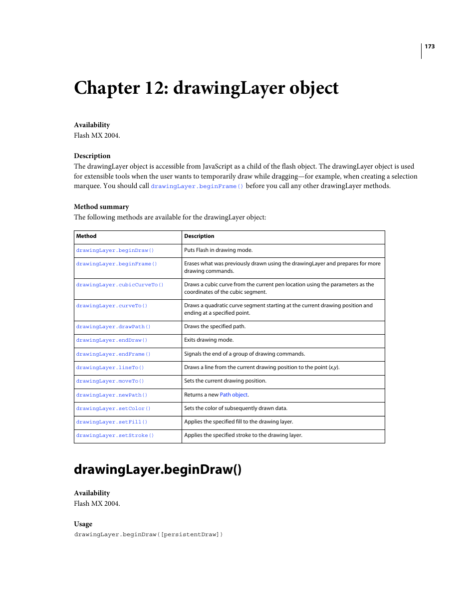 Chapter 12: drawinglayer object, Drawinglayer.begindraw() | Adobe Extending Flash Professional CS4 User Manual | Page 195 / 560