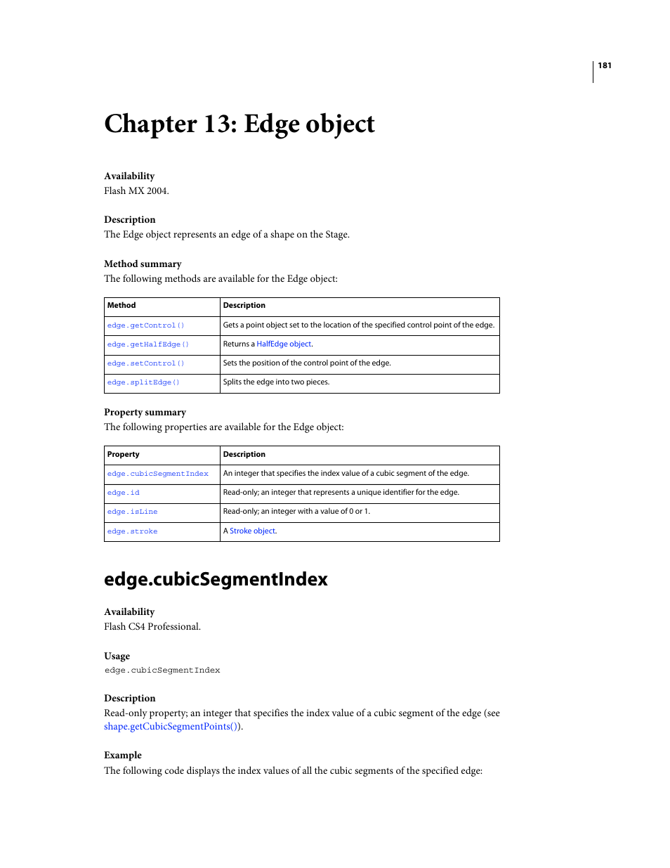 Chapter 13: edge object, Edge.cubicsegmentindex, Edge object | Adobe Extending Flash Professional CS4 User Manual | Page 203 / 560