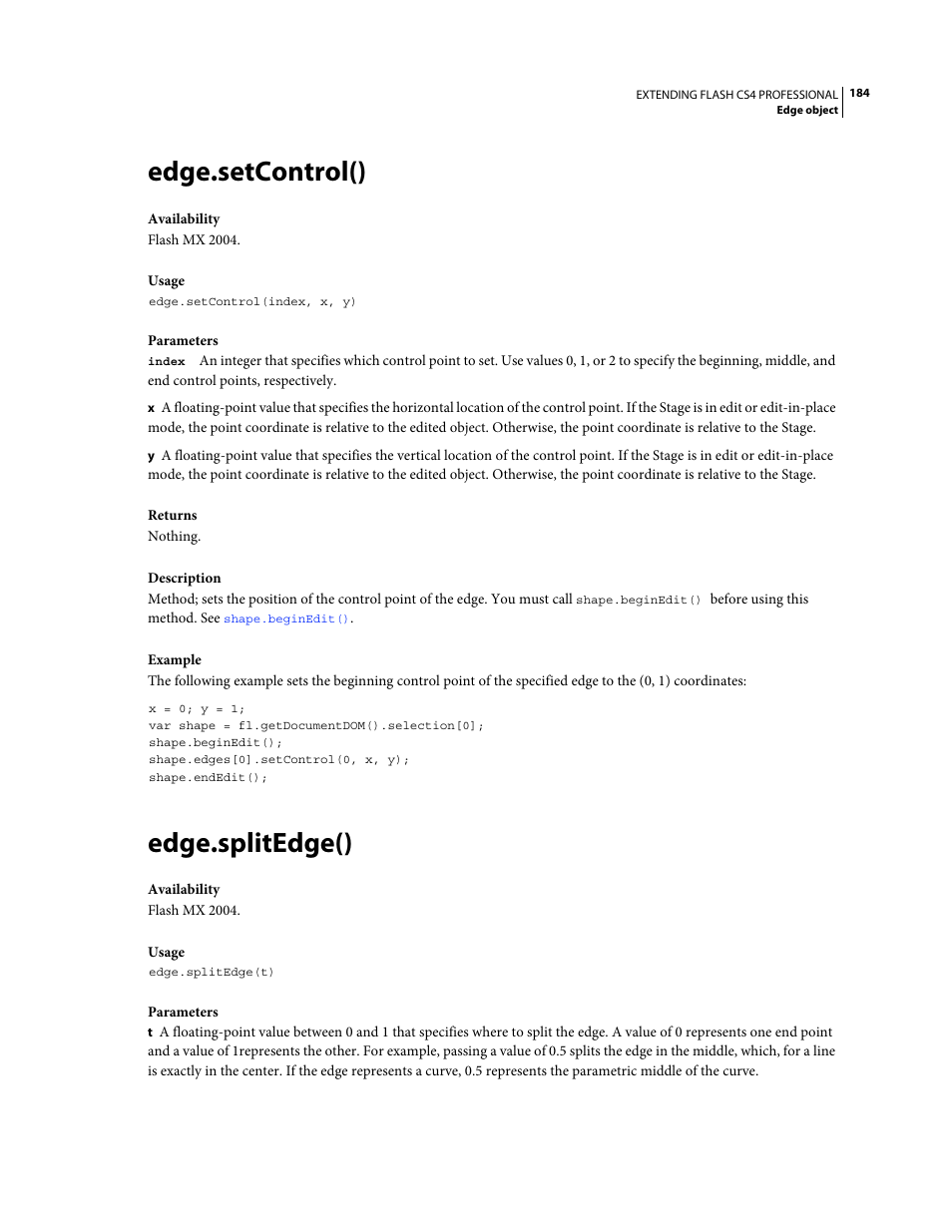 Edge.setcontrol(), Edge.splitedge() | Adobe Extending Flash Professional CS4 User Manual | Page 206 / 560