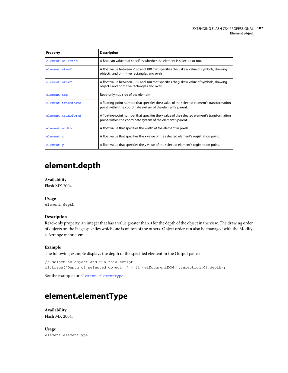 Element.depth, Element.elementtype | Adobe Extending Flash Professional CS4 User Manual | Page 209 / 560