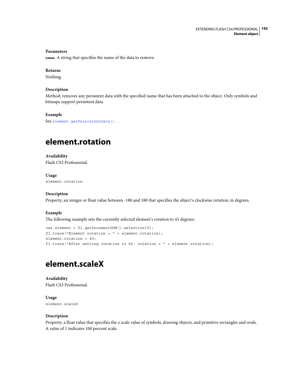 Element.rotation, Element.scalex | Adobe Extending Flash Professional CS4 User Manual | Page 215 / 560