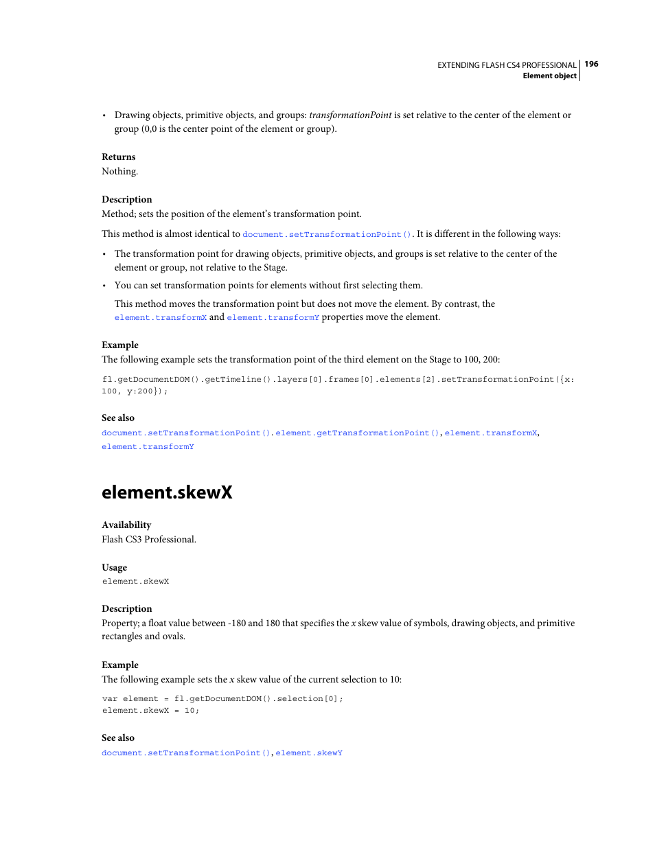 Element.skewx | Adobe Extending Flash Professional CS4 User Manual | Page 218 / 560