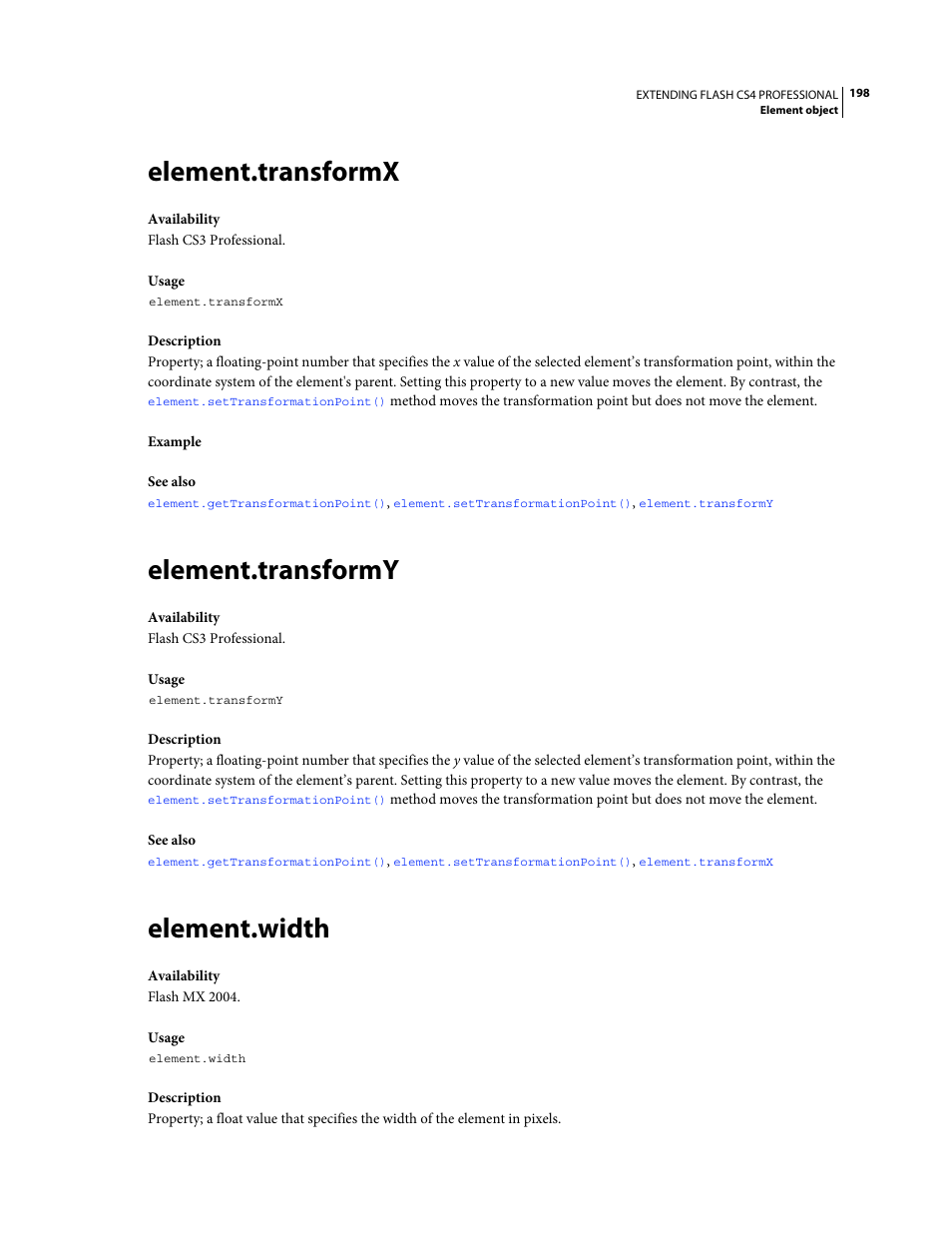 Element.transformx, Element.transformy, Element.width | Adobe Extending Flash Professional CS4 User Manual | Page 220 / 560