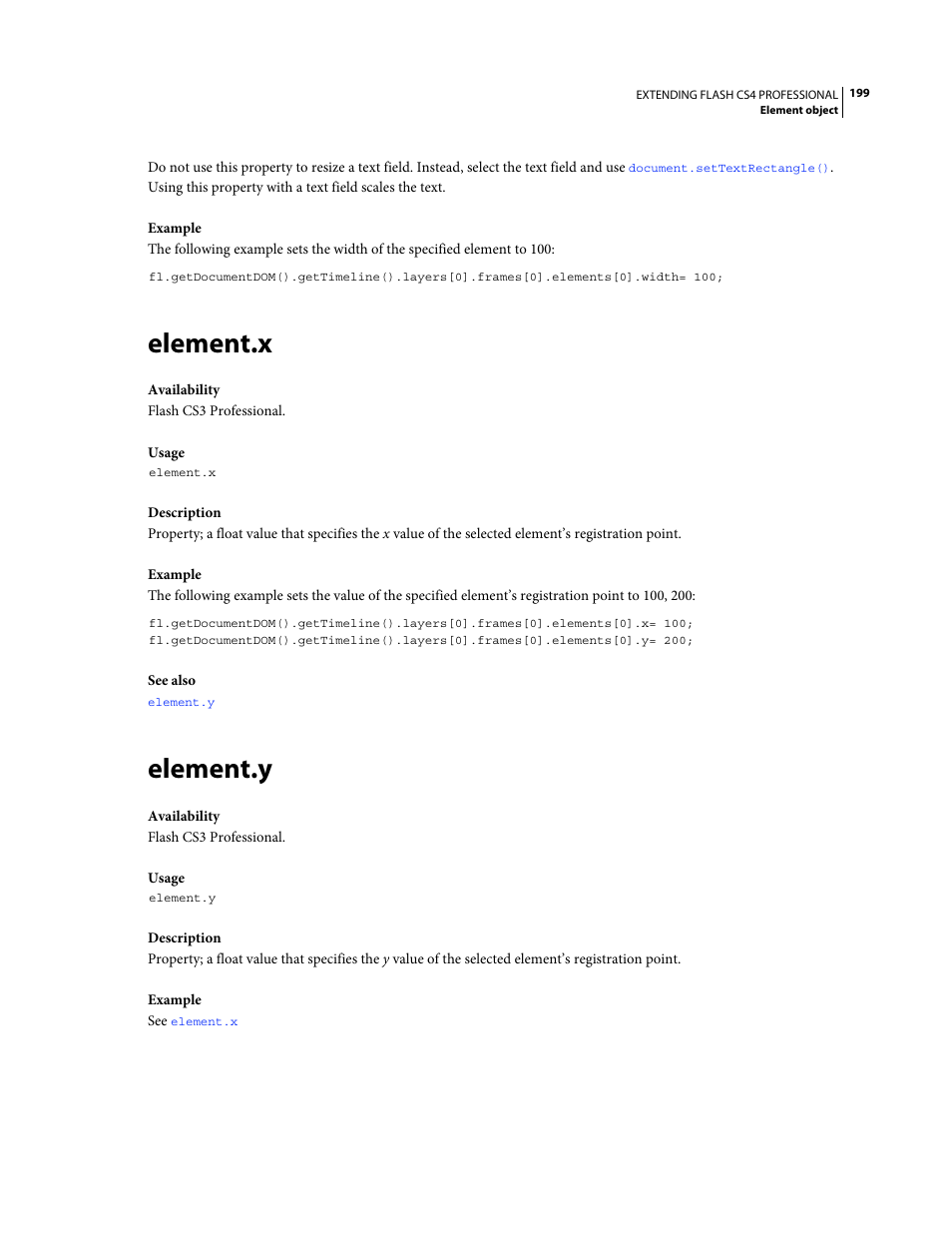 Element.x, Element.y | Adobe Extending Flash Professional CS4 User Manual | Page 221 / 560