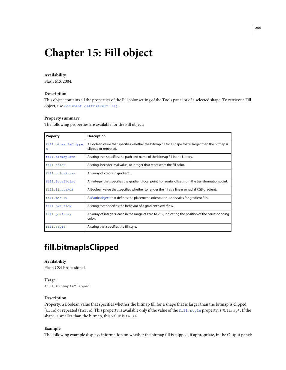 Chapter 15: fill object, Fill.bitmapisclipped, Fill object | Adobe Extending Flash Professional CS4 User Manual | Page 222 / 560