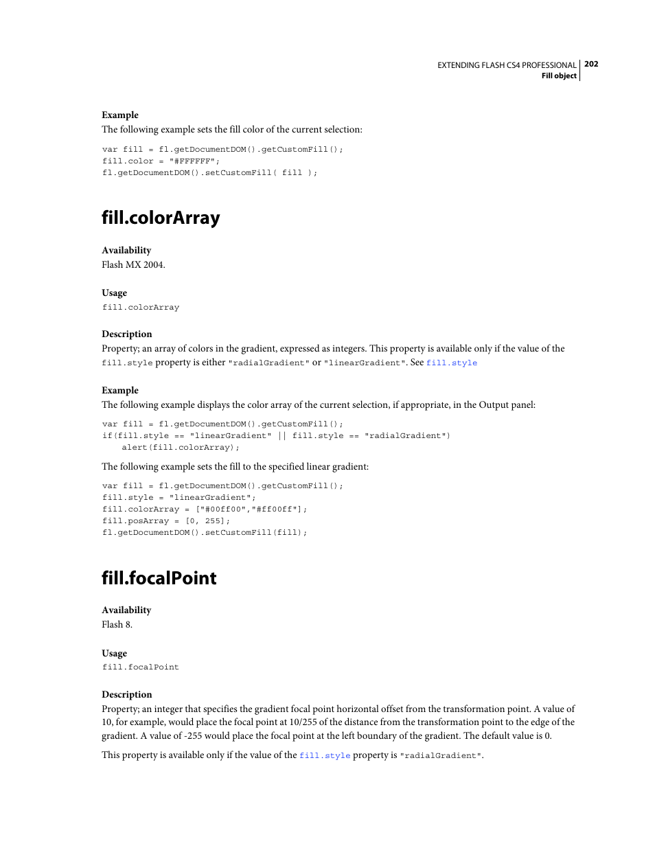 Fill.colorarray, Fill.focalpoint | Adobe Extending Flash Professional CS4 User Manual | Page 224 / 560