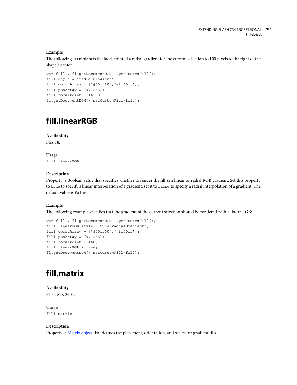 Fill.linearrgb, Fill.matrix | Adobe Extending Flash Professional CS4 User Manual | Page 225 / 560