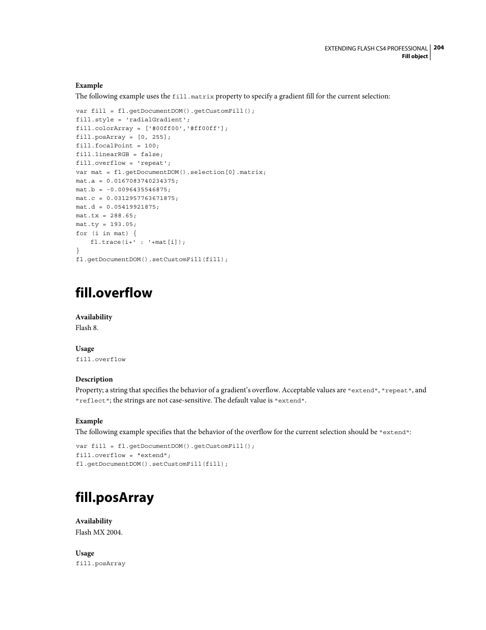 Fill.overflow, Fill.posarray | Adobe Extending Flash Professional CS4 User Manual | Page 226 / 560