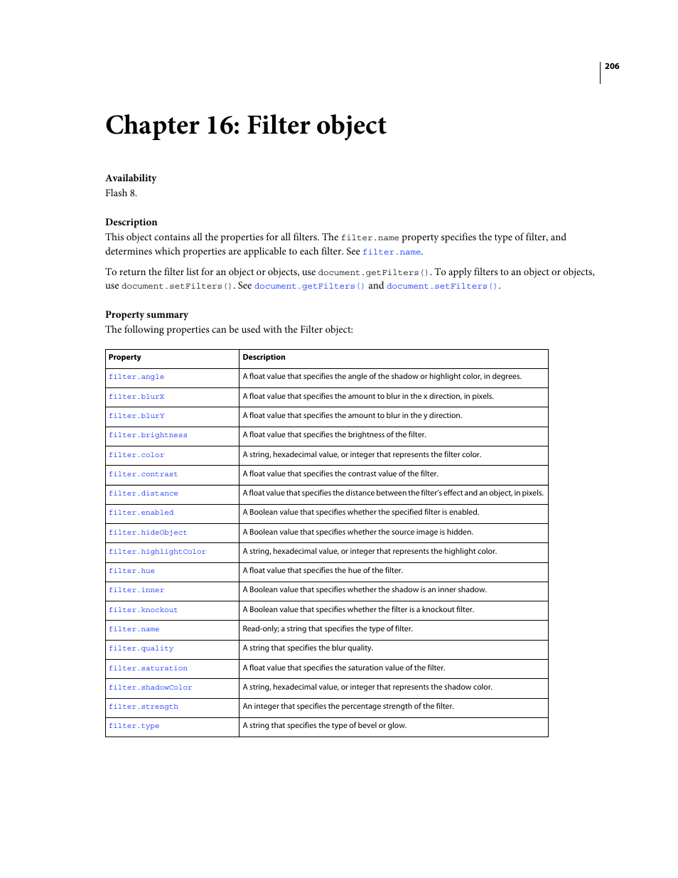 Chapter 16: filter object, Filter object, Filter | Object | Adobe Extending Flash Professional CS4 User Manual | Page 228 / 560