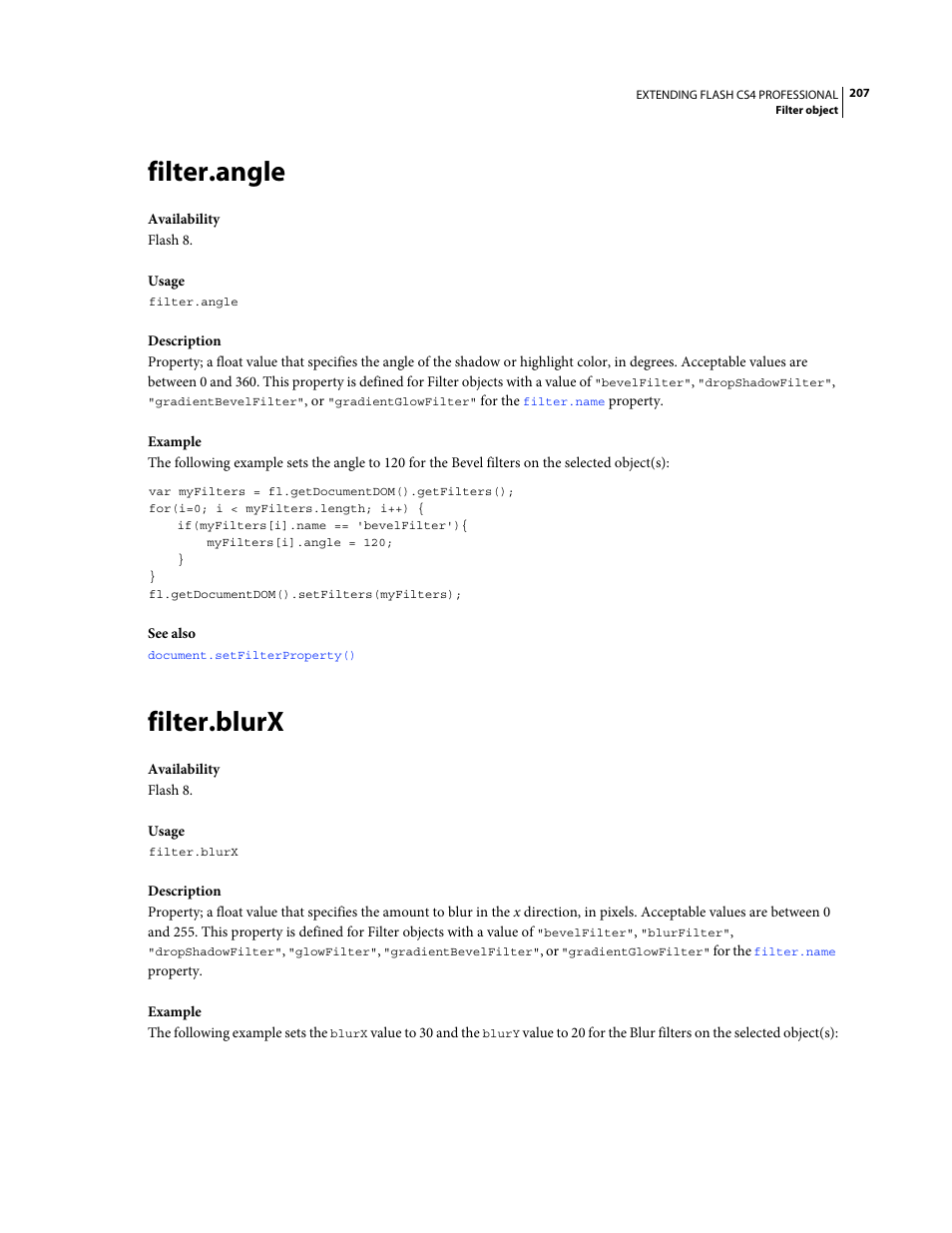 Filter.angle, Filter.blurx | Adobe Extending Flash Professional CS4 User Manual | Page 229 / 560