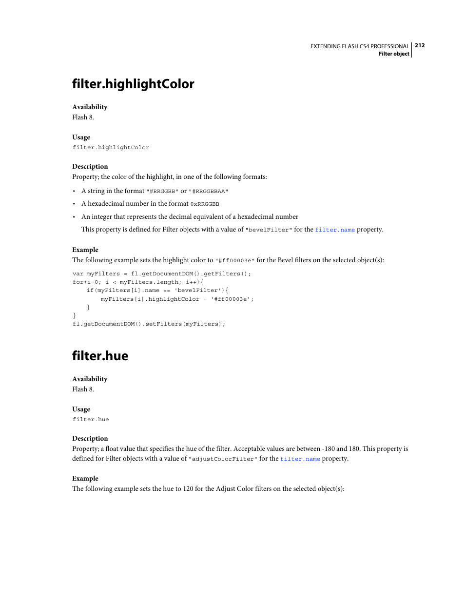 Filter.highlightcolor, Filter.hue | Adobe Extending Flash Professional CS4 User Manual | Page 234 / 560