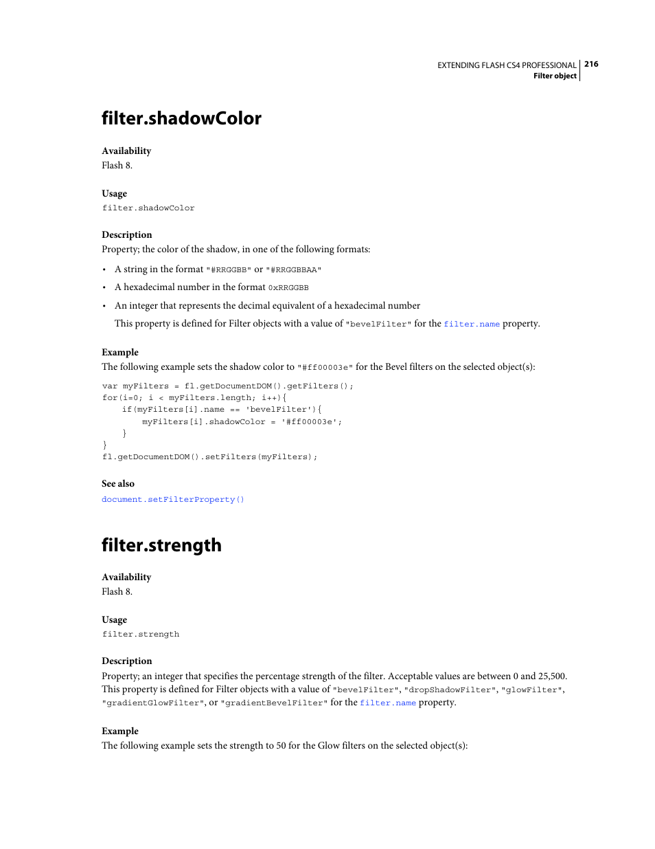 Filter.shadowcolor, Filter.strength | Adobe Extending Flash Professional CS4 User Manual | Page 238 / 560