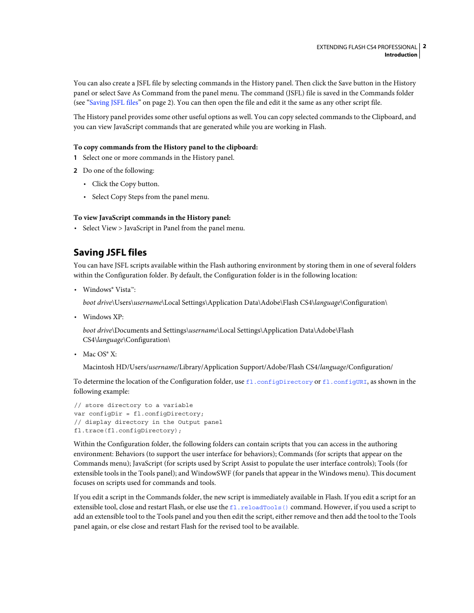 Saving jsfl files | Adobe Extending Flash Professional CS4 User Manual | Page 24 / 560