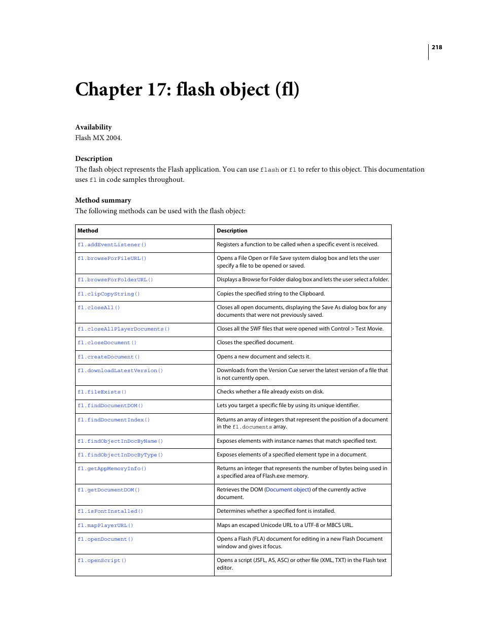 Chapter 17: flash object (fl), Flash object (fl) | Adobe Extending Flash Professional CS4 User Manual | Page 240 / 560
