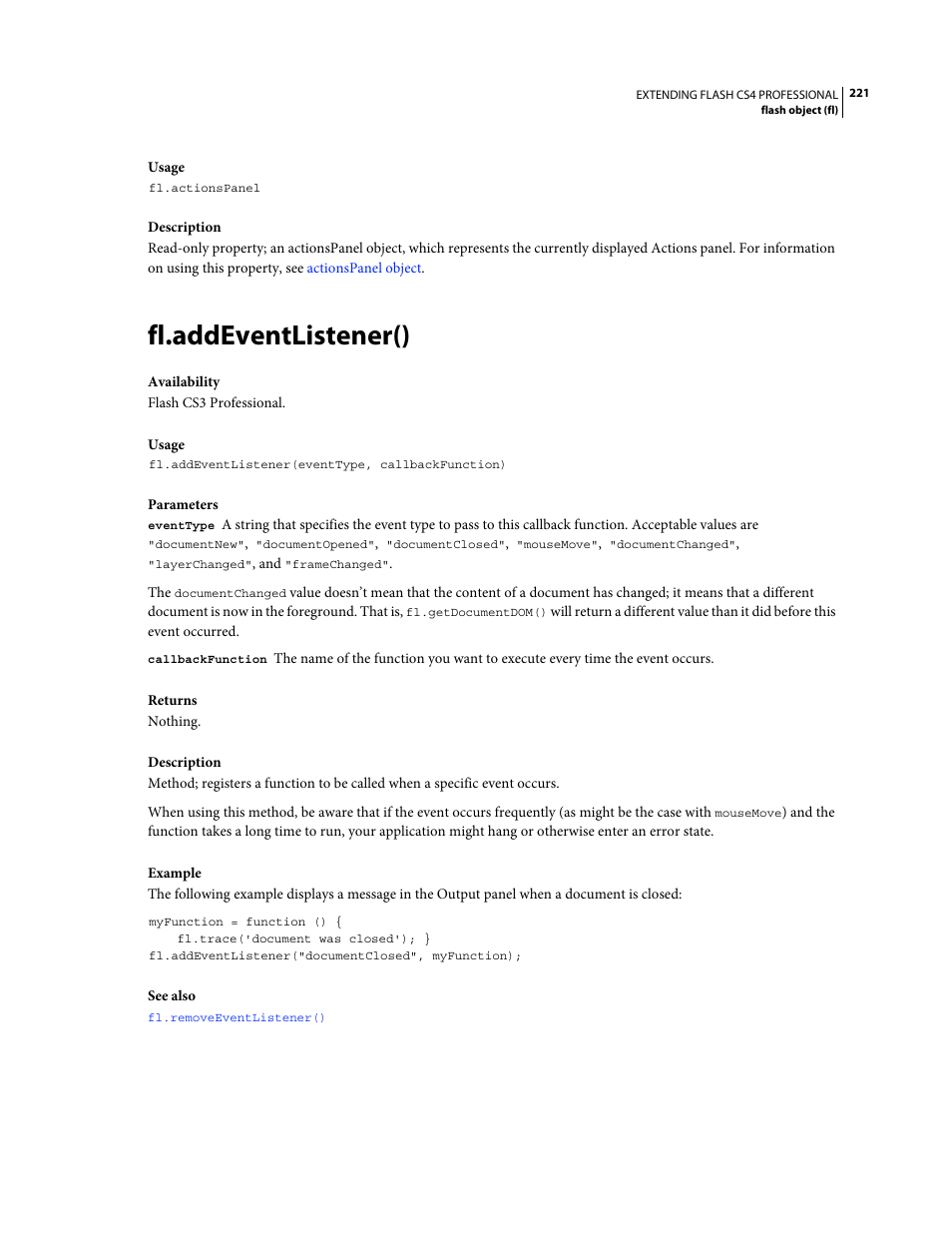 Fl.addeventlistener() | Adobe Extending Flash Professional CS4 User Manual | Page 243 / 560