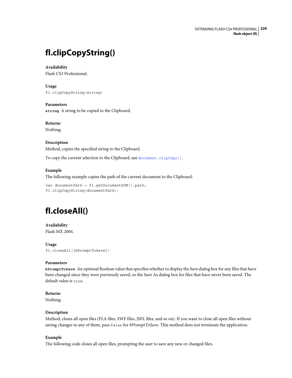 Fl.clipcopystring(), Fl.closeall() | Adobe Extending Flash Professional CS4 User Manual | Page 246 / 560