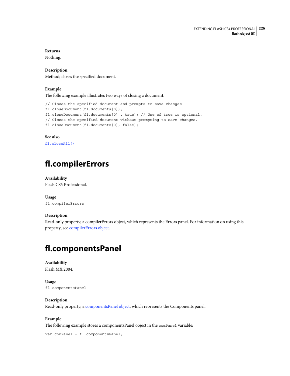 Fl.compilererrors, Fl.componentspanel | Adobe Extending Flash Professional CS4 User Manual | Page 248 / 560