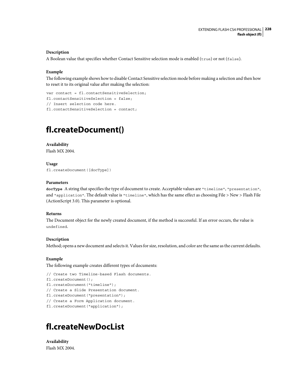 Fl.createdocument(), Fl.createnewdoclist | Adobe Extending Flash Professional CS4 User Manual | Page 250 / 560