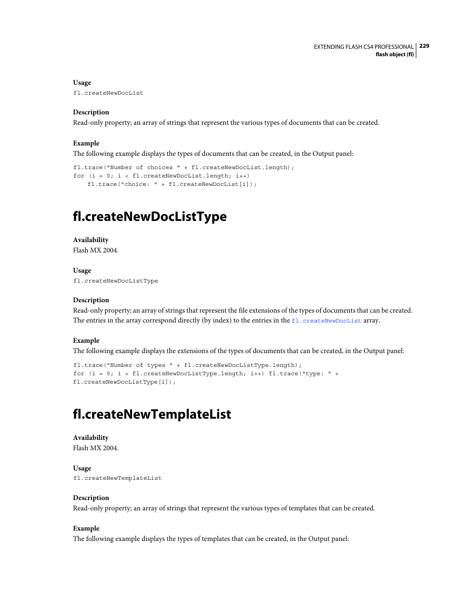 Fl.createnewdoclisttype, Fl.createnewtemplatelist | Adobe Extending Flash Professional CS4 User Manual | Page 251 / 560