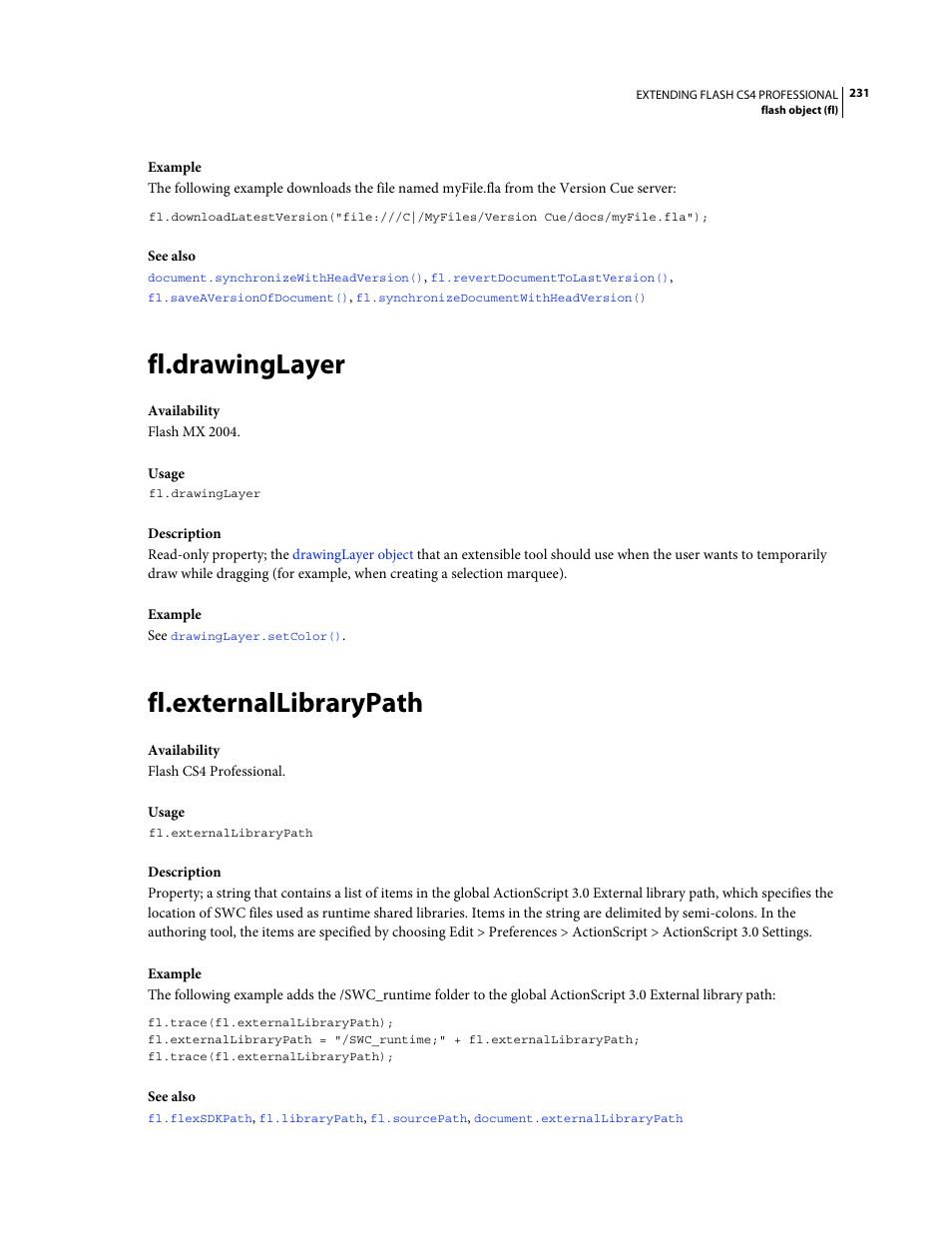 Fl.drawinglayer, Fl.externallibrarypath | Adobe Extending Flash Professional CS4 User Manual | Page 253 / 560