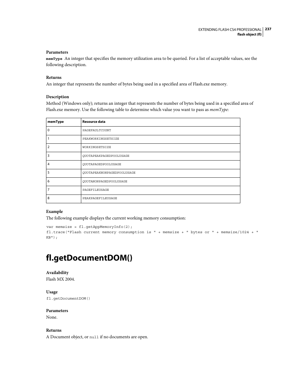 Fl.getdocumentdom() | Adobe Extending Flash Professional CS4 User Manual | Page 259 / 560