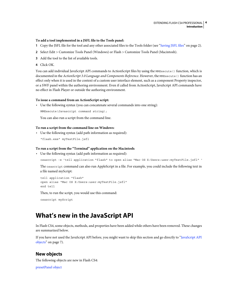 What’s new in the javascript api, New objects | Adobe Extending Flash Professional CS4 User Manual | Page 26 / 560