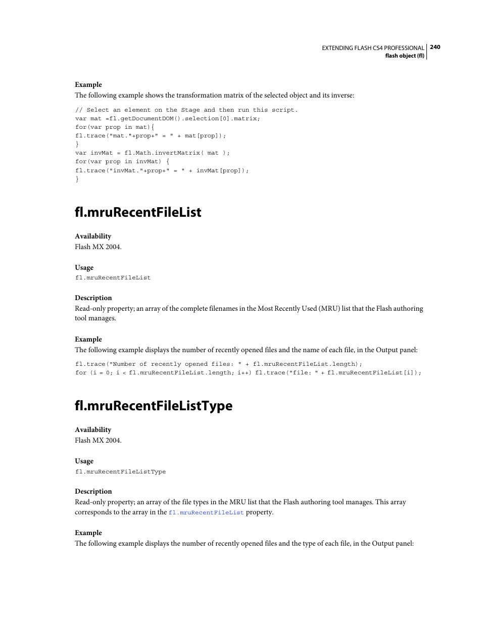 Fl.mrurecentfilelist, Fl.mrurecentfilelisttype | Adobe Extending Flash Professional CS4 User Manual | Page 262 / 560