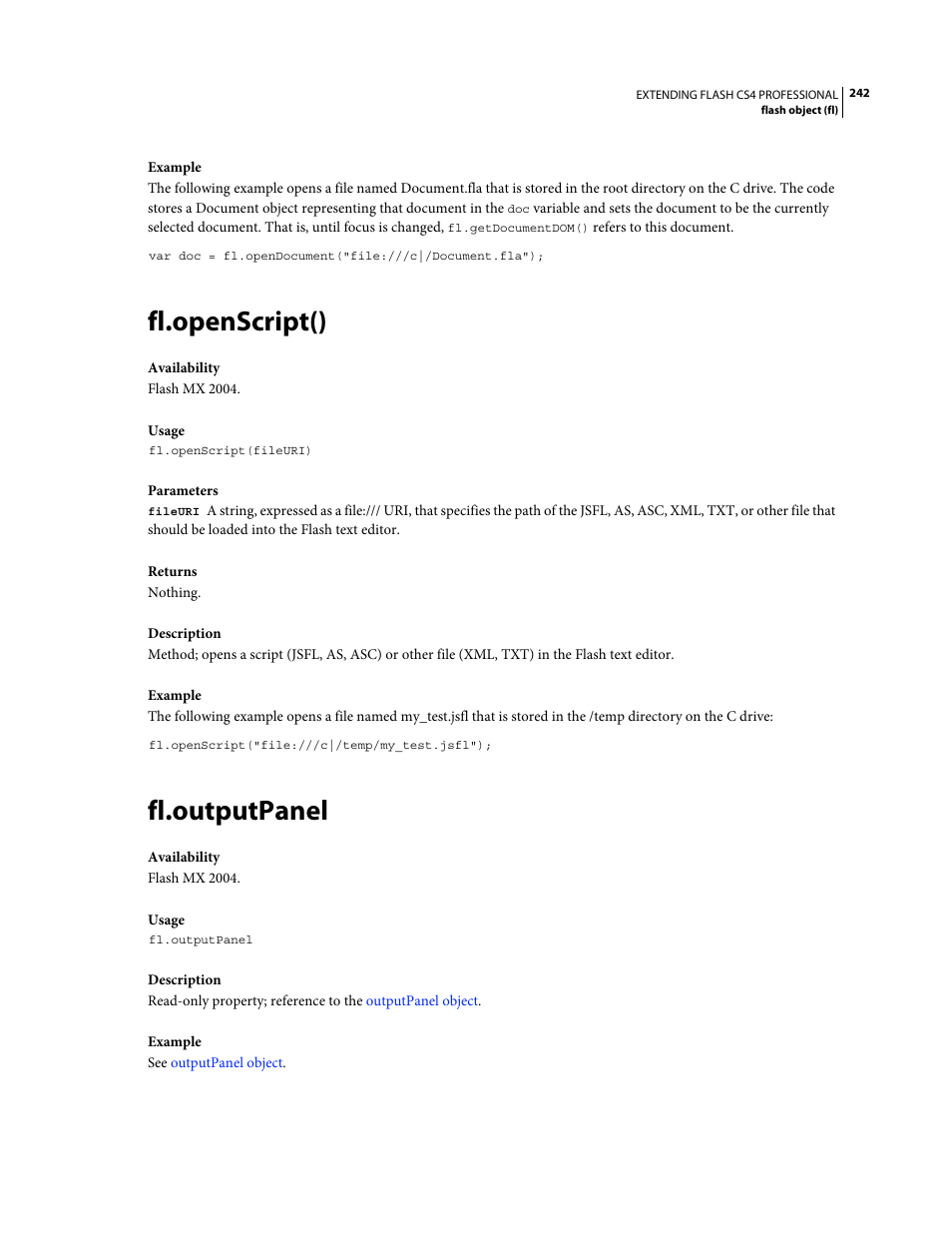 Fl.openscript(), Fl.outputpanel | Adobe Extending Flash Professional CS4 User Manual | Page 264 / 560