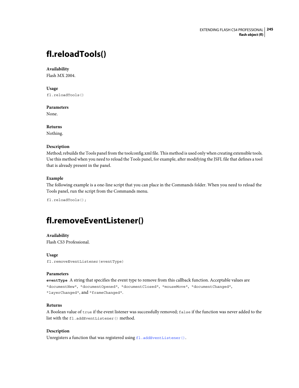 Fl.reloadtools(), Fl.removeeventlistener() | Adobe Extending Flash Professional CS4 User Manual | Page 267 / 560