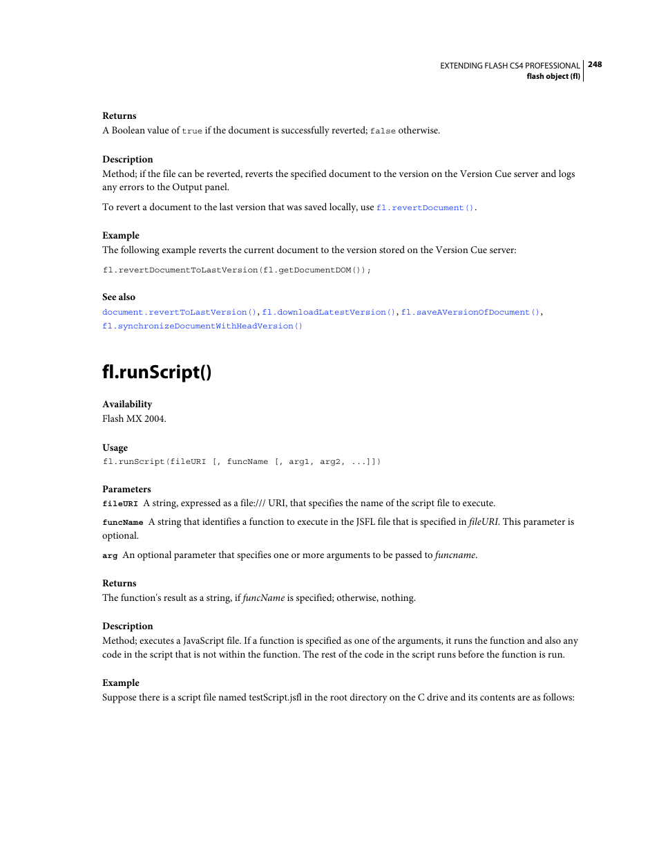 Fl.runscript() | Adobe Extending Flash Professional CS4 User Manual | Page 270 / 560